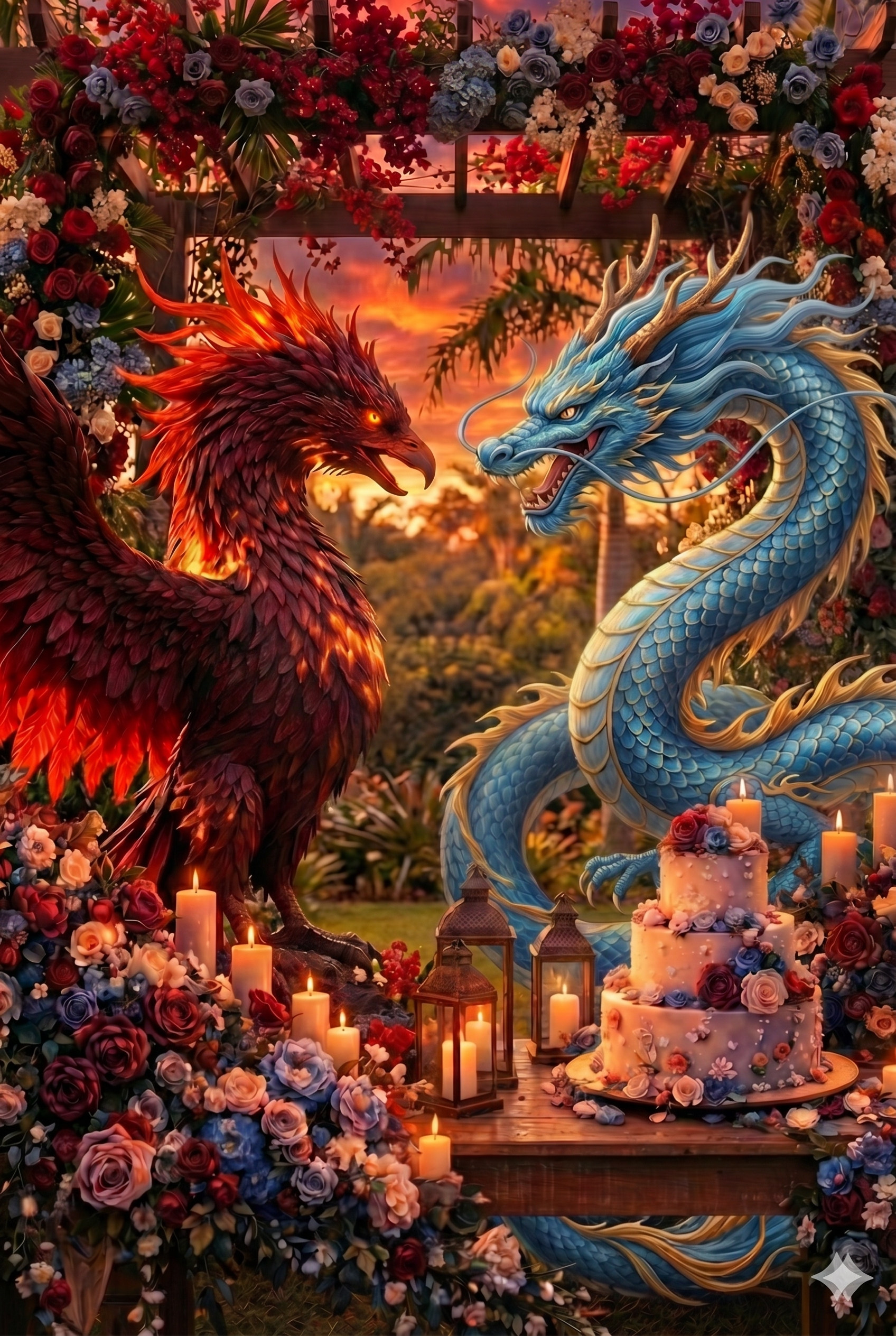 A phoenix and a dragon facing each other beneath a flower-covered arch at sunset